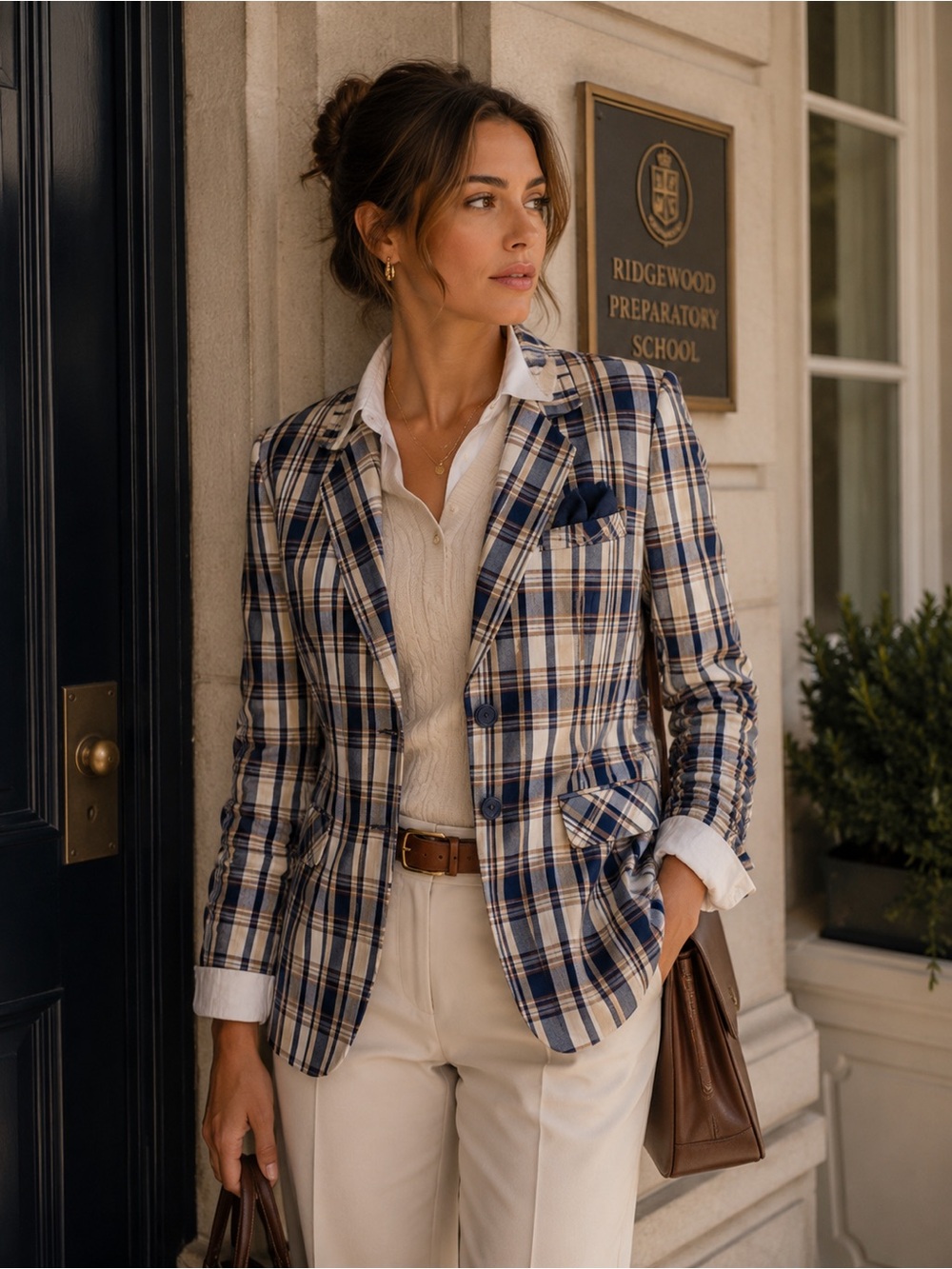 Vintage Plaid Blazer Donnkenny Two Button 70’s Cotton Beige & Blue Size Small